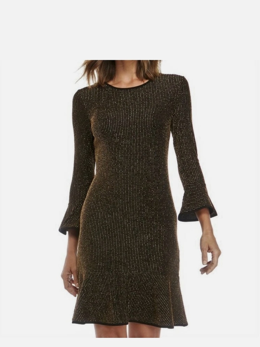 MICHAEL Michael Kors Black and Gold Metallic Bell-Sleeve Knit Dress